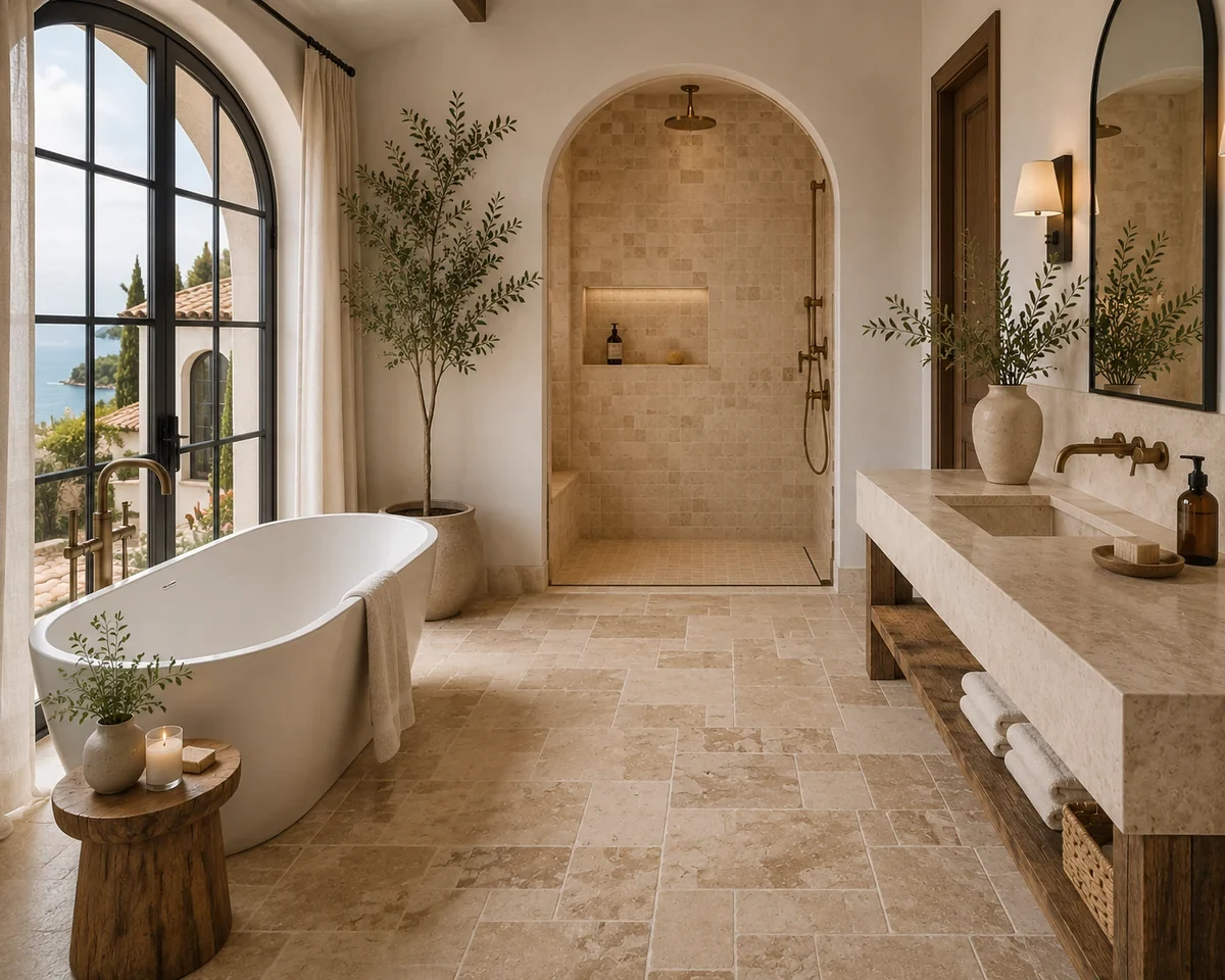 Mediterrane badkamerinspiratie met warme natuursteen en inloopdouche